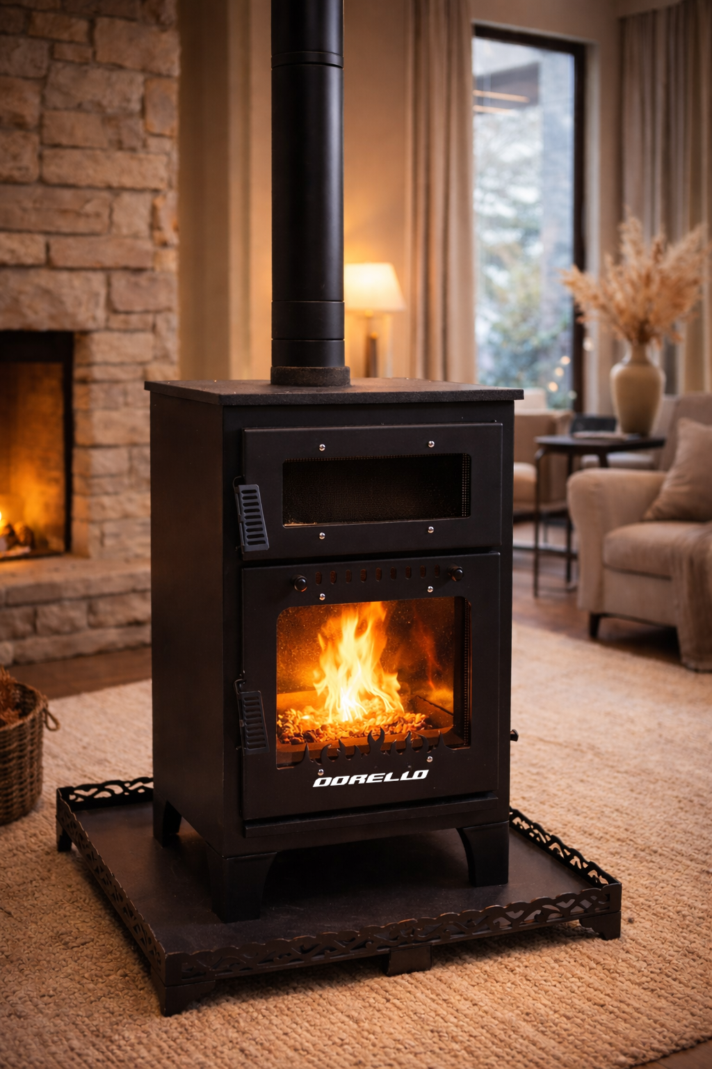 Pelet Soba Fırınlı Pelet Soba Yüksek Verimli, Ekonomik ve Çevre Dostu Isınma Pelet ve Odun yakar