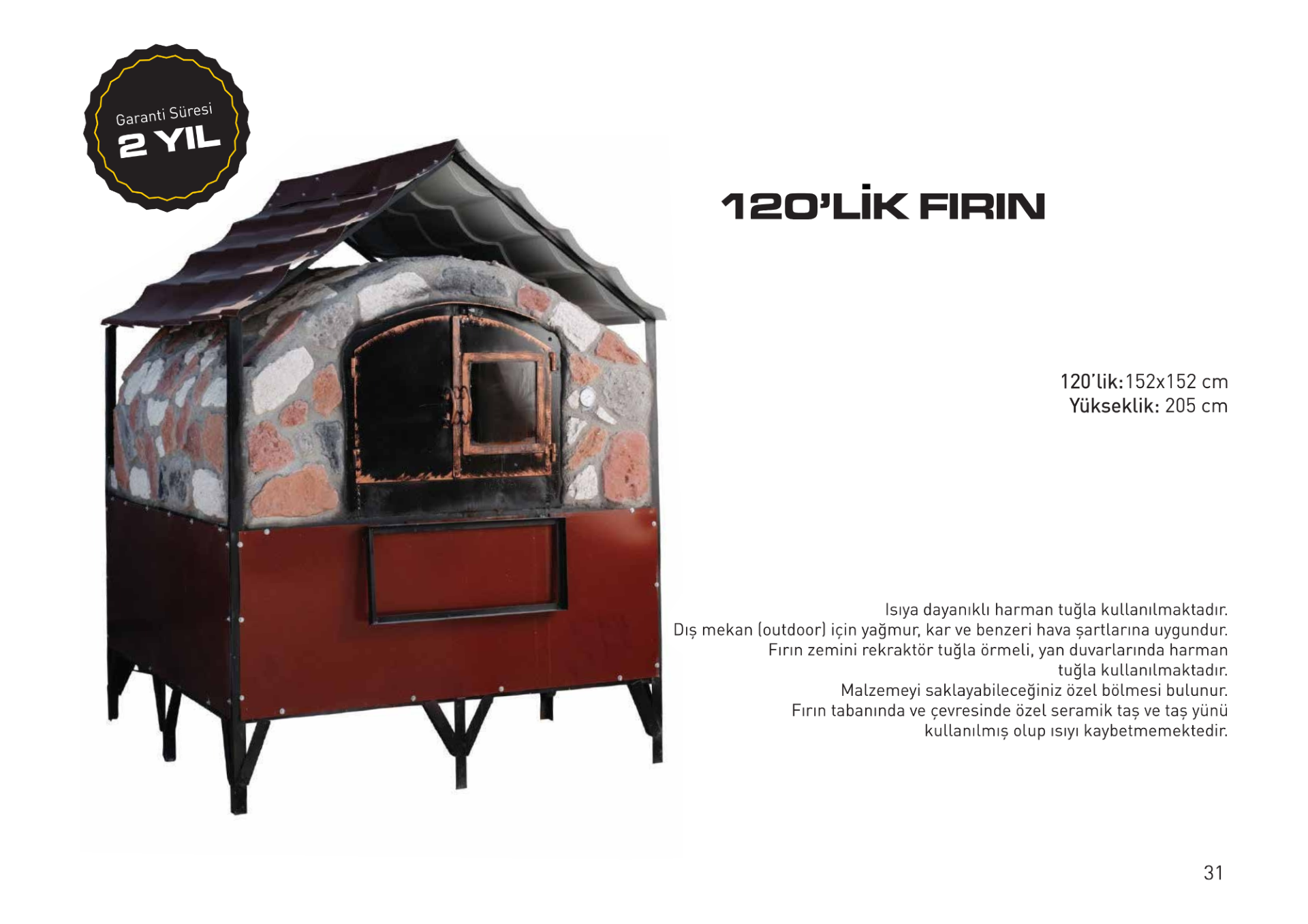 Dorello 120’lik Taş Fırın – Harman Tuğlalı Dış Mekan Odunlu Fırın (152x152 cm)