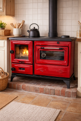 Dorello Gusseisenofen - mit Backofen, Glastür, geeignet für Holz und Holzkohle (Rot)