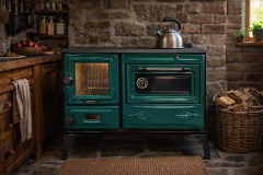 Dorello Küchenherd/Kamin aus Gusseisen – mit Backofen, Glastür, geeignet für Holz und Kohle (Grün)